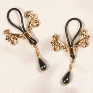AS40 Non-Piercing Nipple Rings, Ornate Crest, with Hematite Pendant, Pair