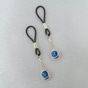 AS16A Non-piercing Nipple Rings with Silver Pendant and Blue Jewel, pair By Sylvie Monthule