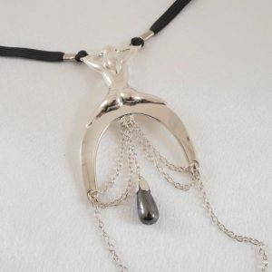 ST165 Women's Lady Luck G-String with Hematite Pendant in Silver Erotic Body Jewelry